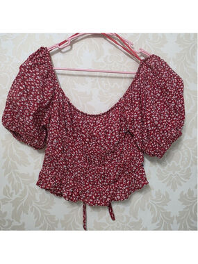 Milkmaid Crop Top M Boho Puff Sleeve Romantic Coquette Cotton Keyhole Back